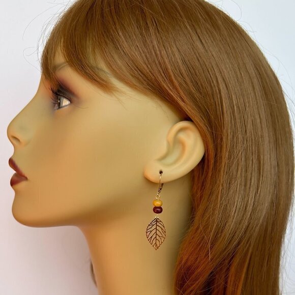 Gold Leaf Dangle Earrings 14k Gold Filled Lever Backs Filigree Leaf Mookaite - Picture 4 of 5